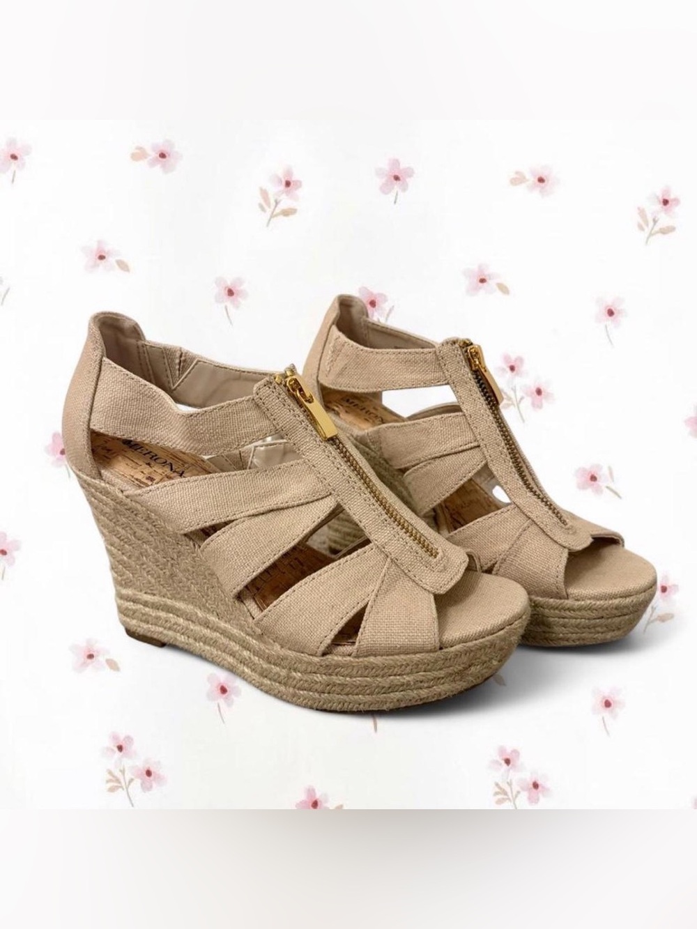 Merona Beige Espadrille Wedge Sandals with Front Gold Zip